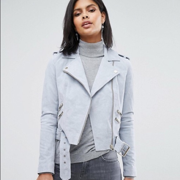 light blue faux suede biker jacket